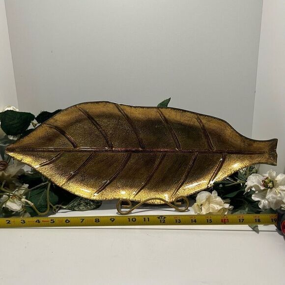 Vintage Glass Leaf Decorative Serving Tray 20” Gold-tone & Red Two-tone - Picture 3 of 6
